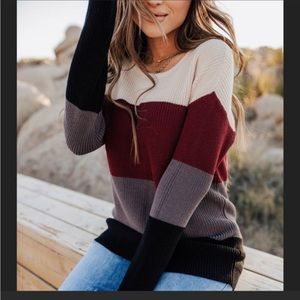 ColorBlock White, Rust, Gray & Black Stripe Crew Neck Sweater